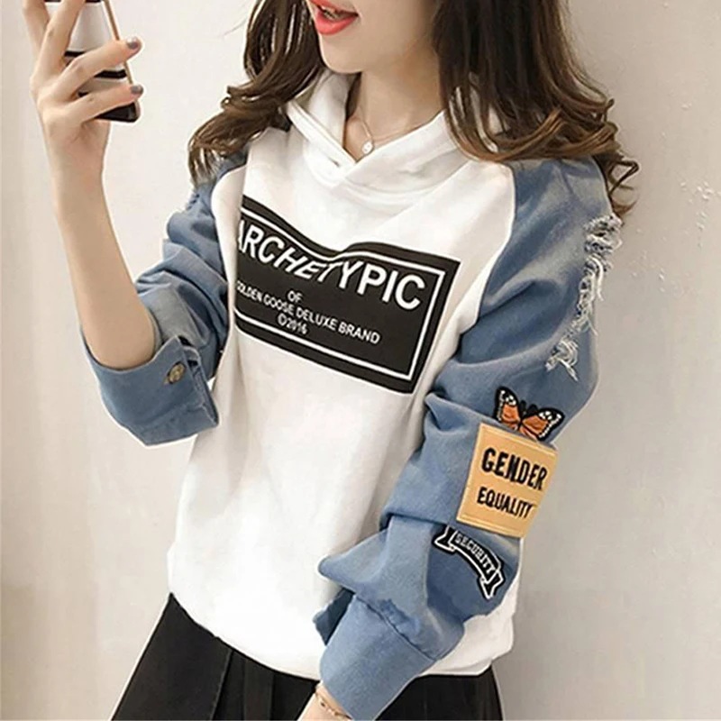 

Korean Autumn Women Hoodies 2021 Fashion New Printed Patchwork Oversized Pullover Female Tops Hooded Shirts Streetwear Young