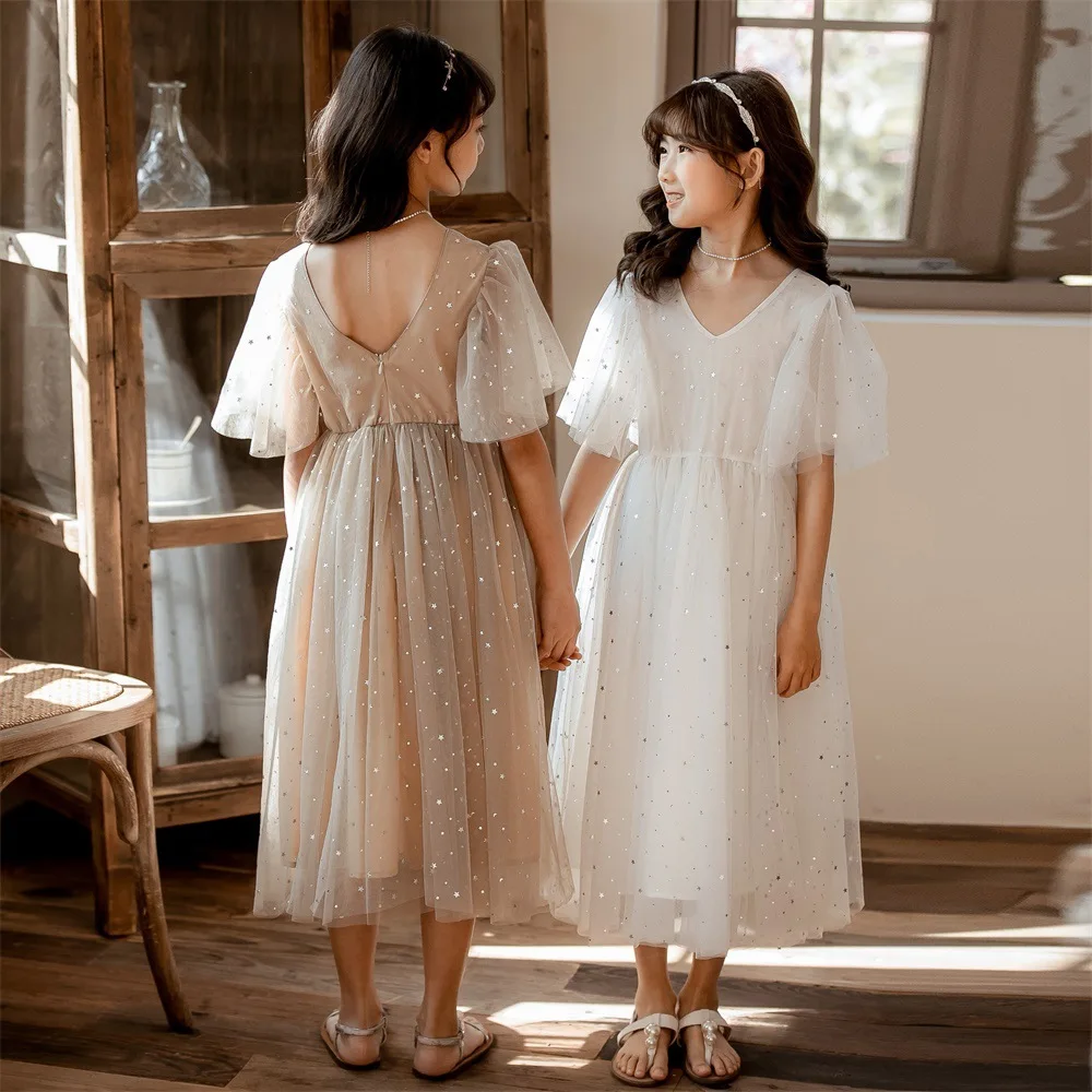 Платье для девочек-подростков длинное повседневное с V-образным вырезом белого