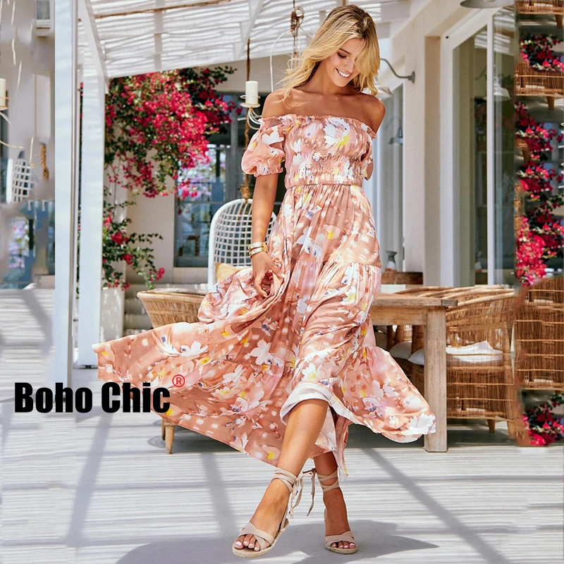 

Boho Chiffon Maxi Dress for Mature Women Floral Slip Off Shoulder Short Sleeve Long Gypsy Party Dress Hippie Summer New Robe