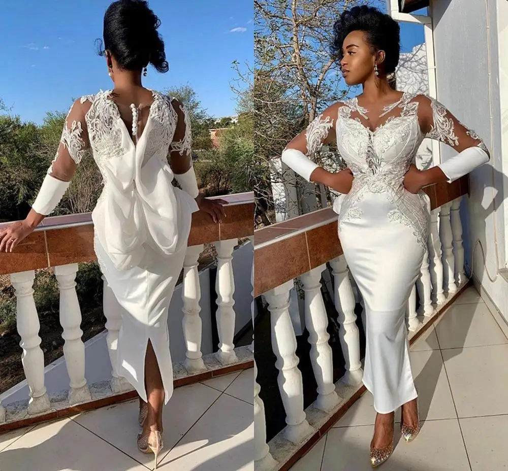 

Ankle-length Mermaid Prom Party Dresses with Long Sleeve 2020 Arabic Aso Ebi African Evening Gown
