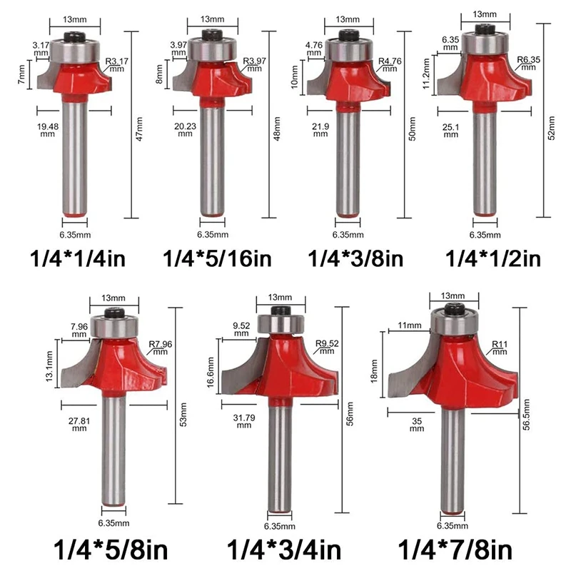 7 шт. 1/4 дюйма хвостовик Круглый За фрезы угловой Закругление кромки формовка