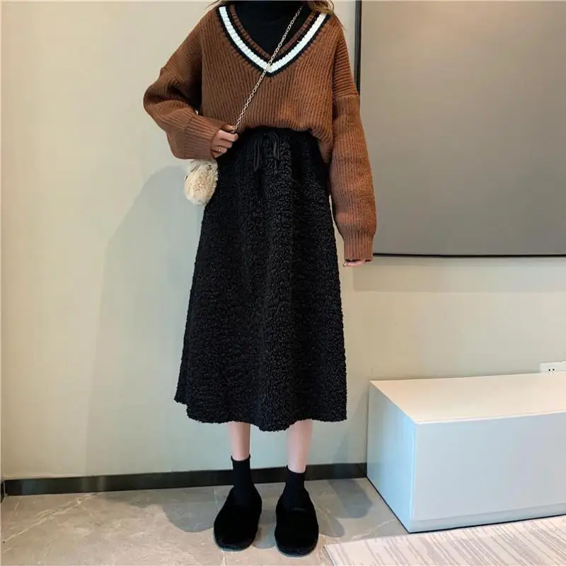 

2020 Autumn & Winter New Korean Elastic High Waist Slimming Simple Retro Thick Women Mid-length A-line Skirt Tide Free Shipping