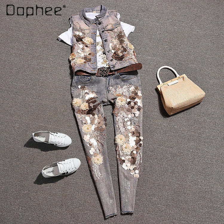 Джинсовые комплекты весна-лето Модный облегающий джинсовый жилет с 3D блестками и