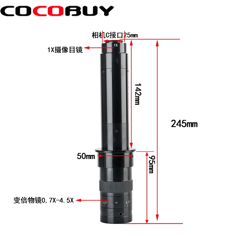 

KOPPACE 64X-410X,industrial Monocular microscope lens,Eyepiece 1X,zoom objective 0.7X-4.5X Zoom lens,25mm C-Mount interface