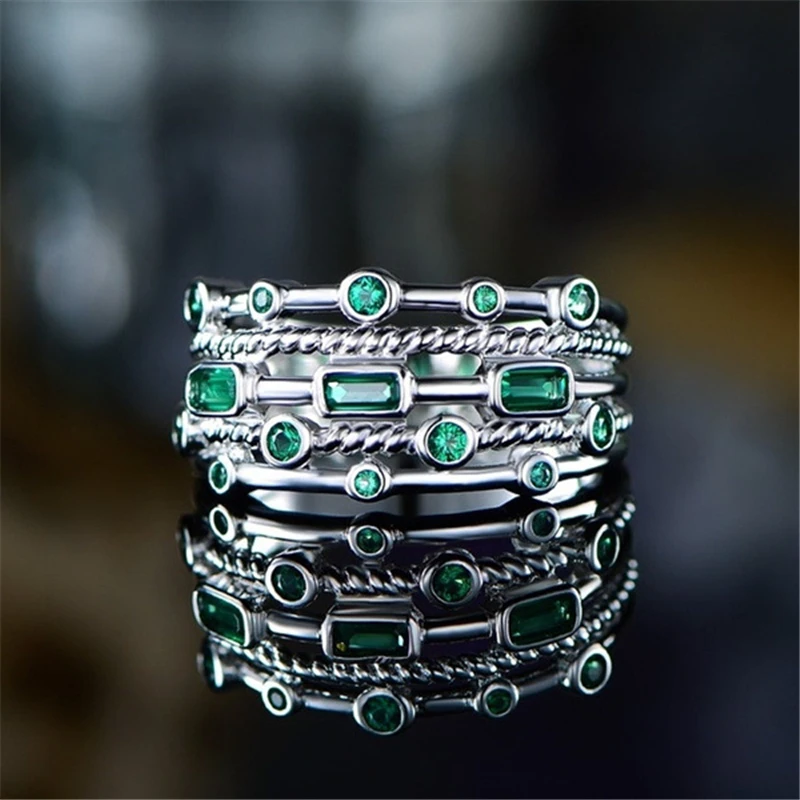 

Green Stone Rings Classic Hand Jewelry Geometric Wedding Rings For Women Boho s925 Silver Plated Ring Girls Birthday Party Gifts