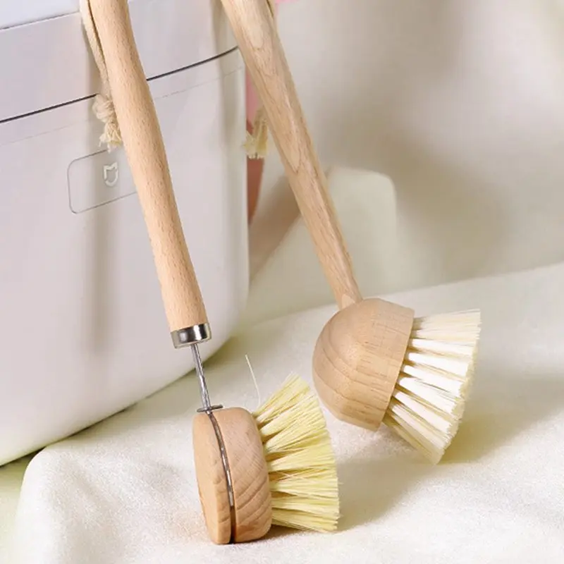 

2021 New Wooden Bamboo Round Pot Long Handle Brush Kitchen Cleaning Washing Brush Tool Round Handle Easy Use Convenient Tools 1