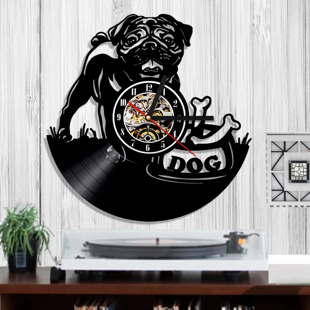 Настенные виниловые 3d часы с изображением английского бульдога мопса