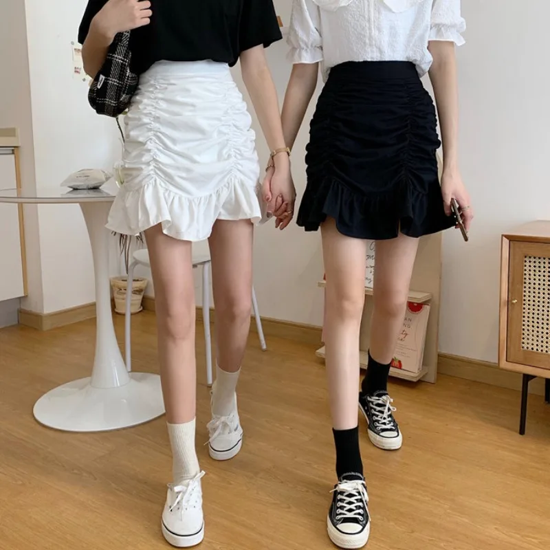 

Sexy Skirts Women Pleated Ruffled Fishtail A-Line Skirts White Black Vintage Mini Skirt Korean Fashion Clothing OL Holiday Dress