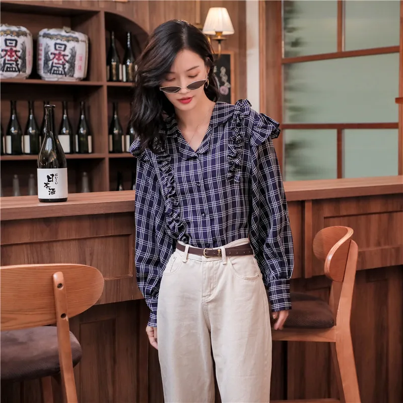 2019 Осень Зима Новая женская рубашка Ins в клетку с деревянными ушками пышными