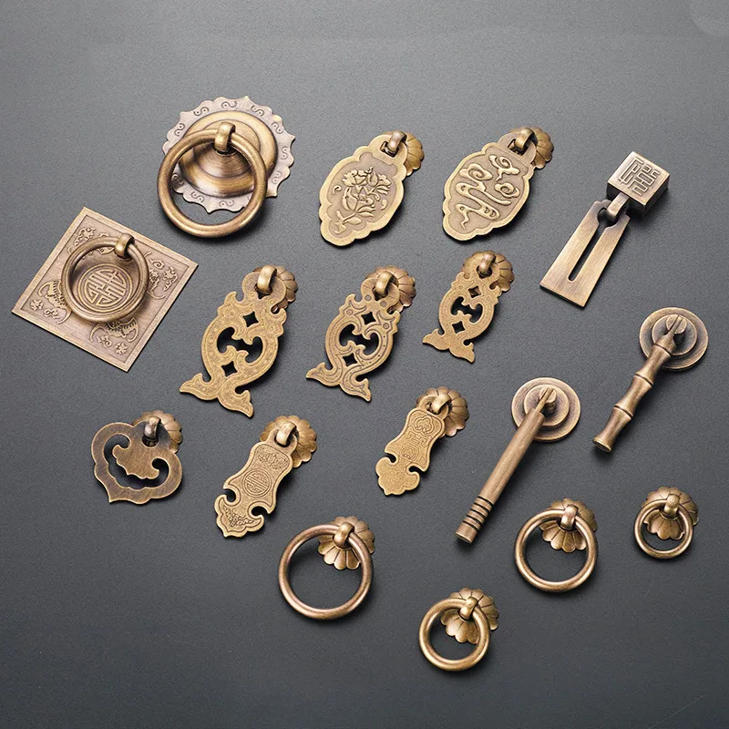 

1pc Antique bronze Drawer handles Chinese Retro Pure copper Pull ring Dressing cabinet Furniture decoration knob Hardware part