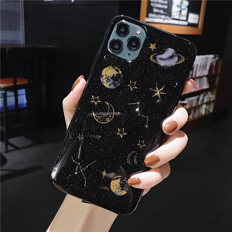 Glitter Planet Star Moon Space Phone Case For iPhone 14 Pro Max 13 12 11 X XS XR 7 8 Plus Mini Transparent Soft Epoxy Back Cover