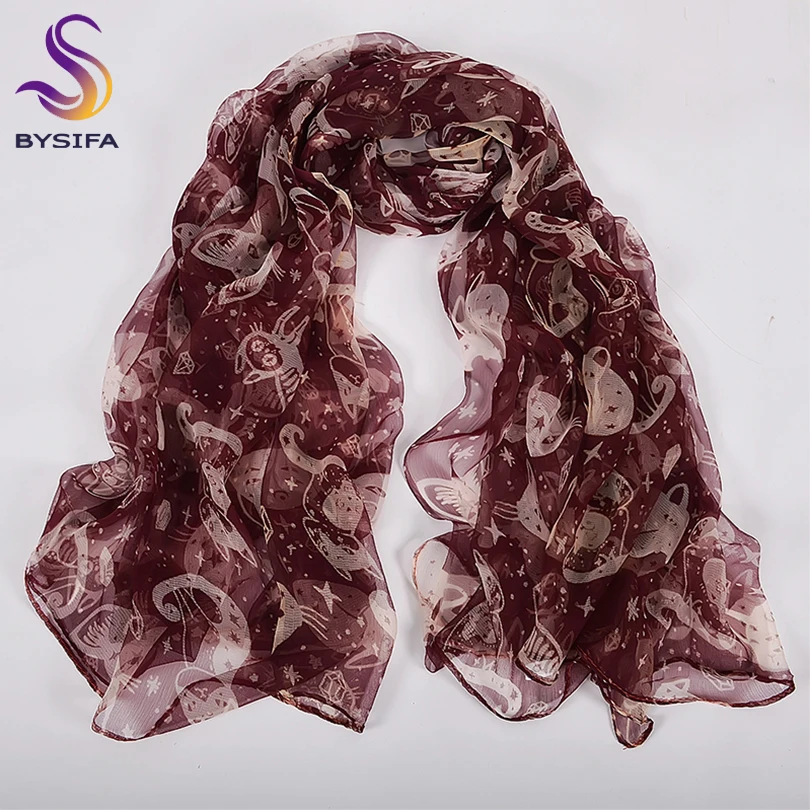 

[BYSIFA] Fashion Catoon Cat Silk Scarf Women 2020 New Spring Summer Beach Shawl Cover-ups Female Long Scarves Wine Red Coffee