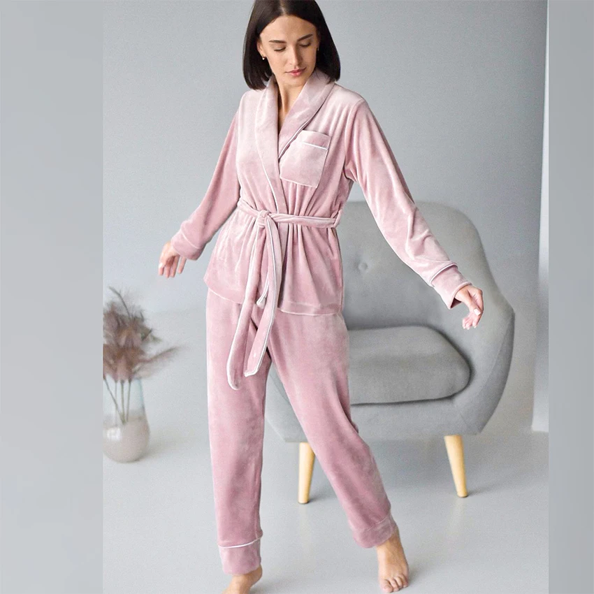 

Hiloc Velour Sleepwear Women Pajama Nightie Pocket Nightwear Trouser Suits Set Woman 2 Pieces Warm Autumn Suit Velvet Nightgowns