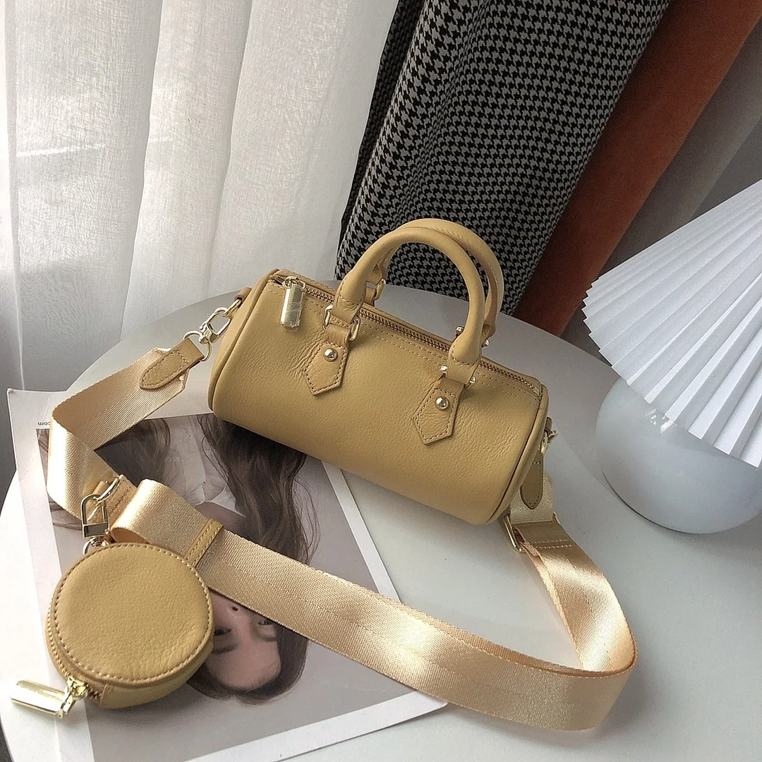 

Small Leather Handbag Two-Piece Boston Pillow Bag Cylindrical Top Layer Cowhide Soft Fashion All-Match Lady Messenger Shoulder