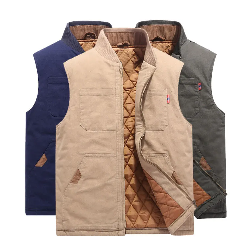 

Winter thick fishing cotton vest men's loose large size hiking camping tourism multi-pocket shoulder warm stand-up collar vest