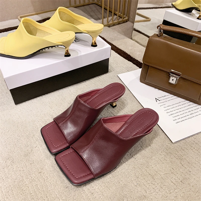

Meotina Women Slippers Shoes Genuine Leather Sandals High Heel Slides Square Toe Thin Heel Cow Leather Lady Footwear Summer Red
