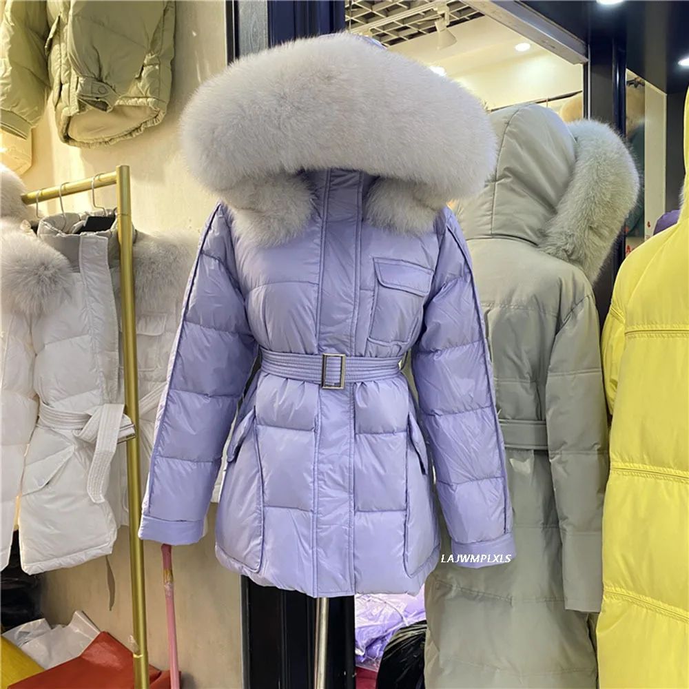 

Women Winter Down Parka 90% White Duck Down Coat Short Thick Warm Puffer Jacket Real Natural Fox Fur Female Outwear With Belt