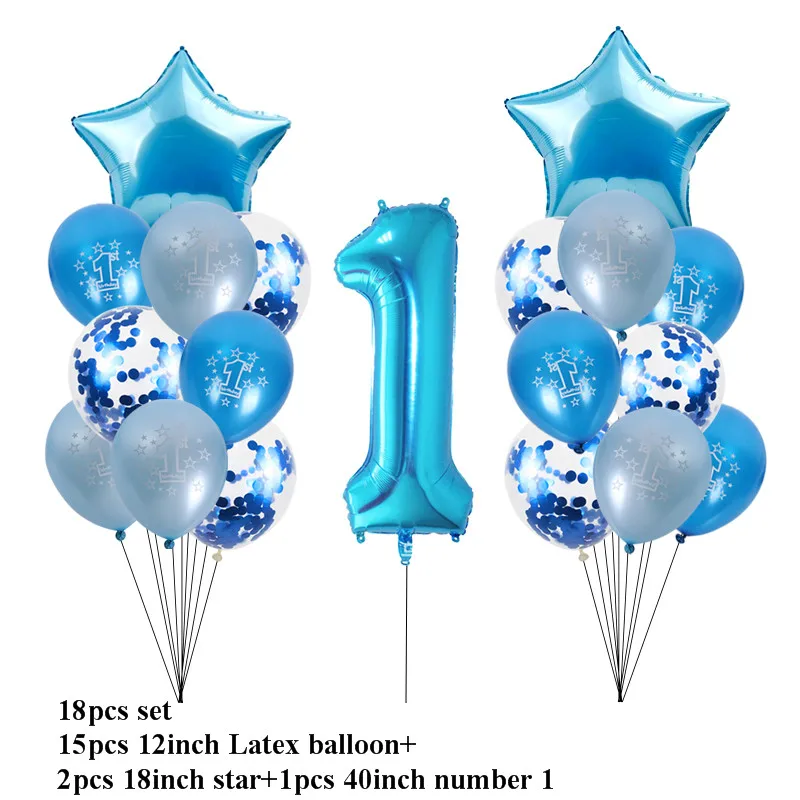 18pcs balloon set Вечерние баннеры на первый день рождения для маленьких мальчиков и девочек, 1 день рождения, 1 год, вечерние баннеры на день рождения - Цвет: 18pcs balloon set