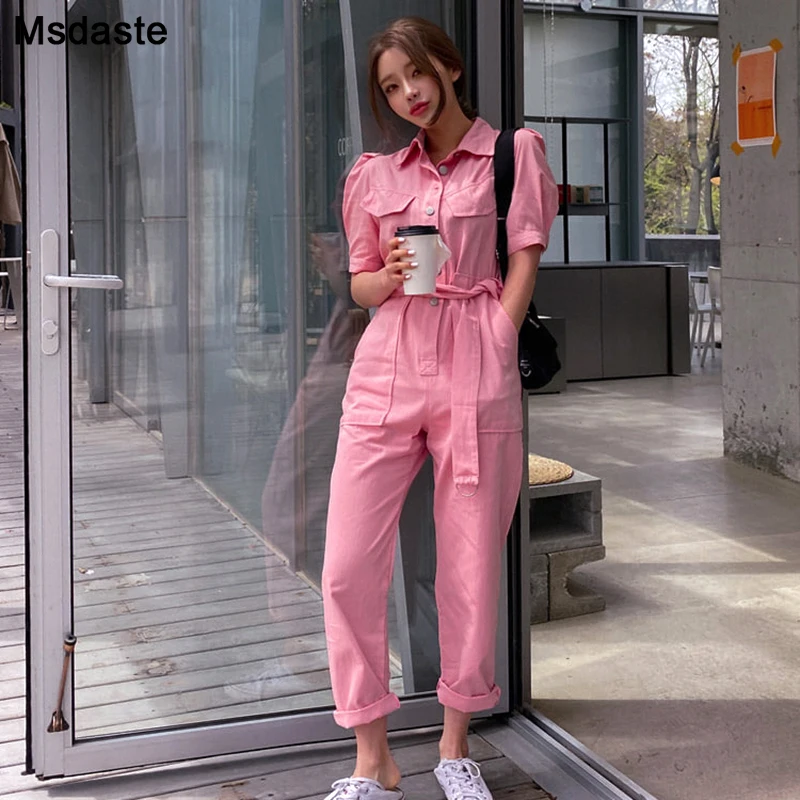 

Denim Jumpsuit Women Summer Short Sleeve Loose Casual Jeans Jumpsuits Ankle-length Solid Pink Rompers Belted Woman Overalls