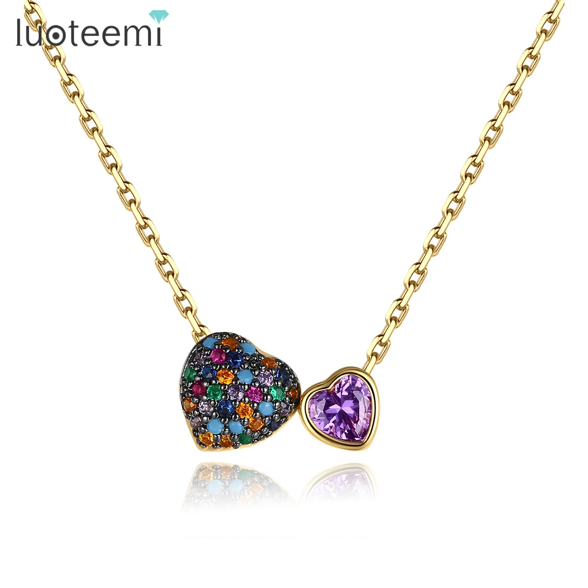

LUOTEEMI Fashion Double Purple Heart Women Necklaces Gold Color High Quality Fashion Cubic Jewelry Collares Para Mujer Friends