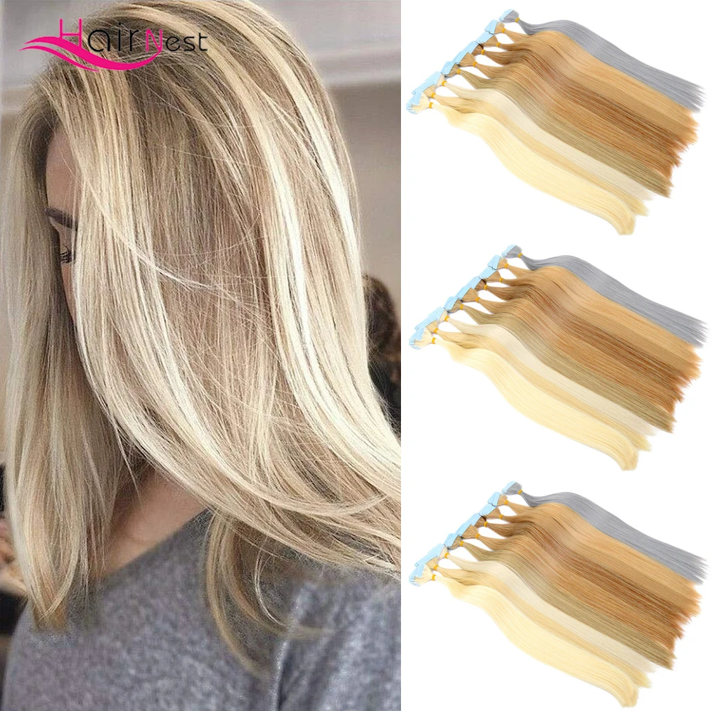 Hair Nest Double Sided Tapes and Premium Remy Hair Luxury Tape In Hair Extensions Balayage Ash Brown Fading to Ash Blonde
