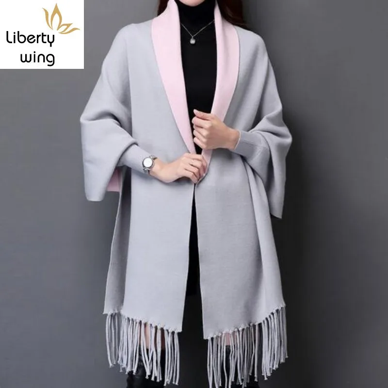 Женский длинный кардиган с рукавами летучая мышь Осенний модный теплый вязаный