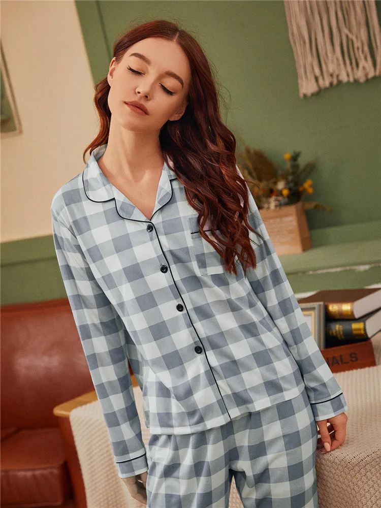 

Home Wear Suit Pajamas Women's Plaid Printed Cardigan Long Sleeve Pants Suit