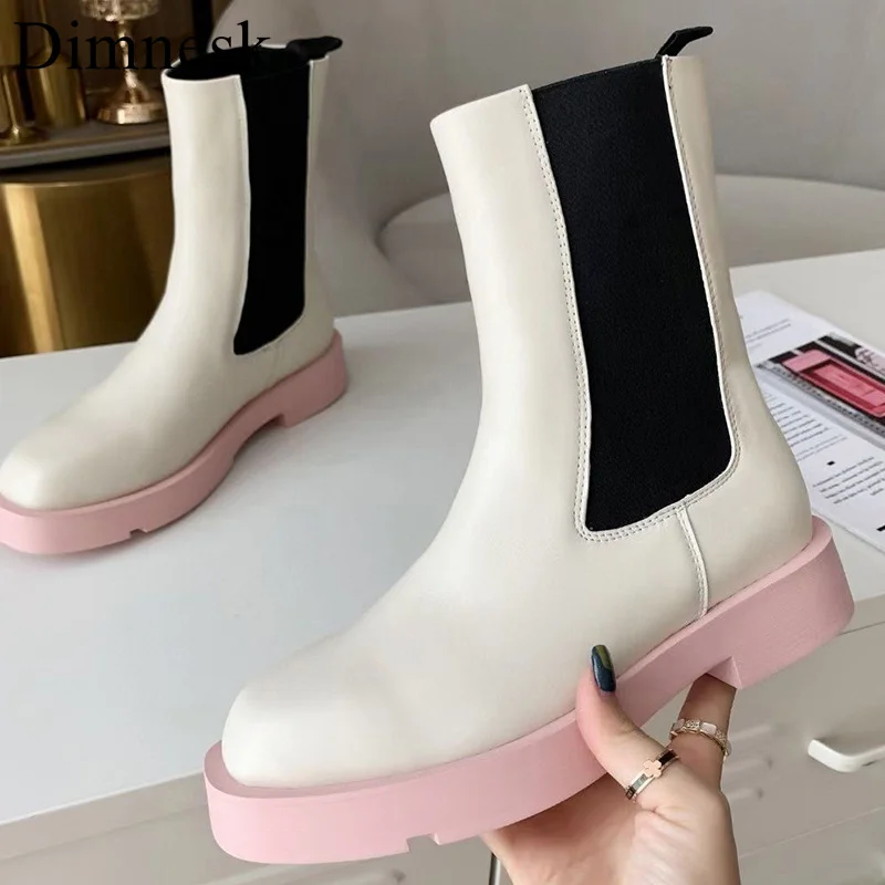 2021 Flat Platform Chelsea Boots Women Thick Sole Real Leather Stretch Slip On Ankle Botas Mixed Color Autumn Short Boots Female