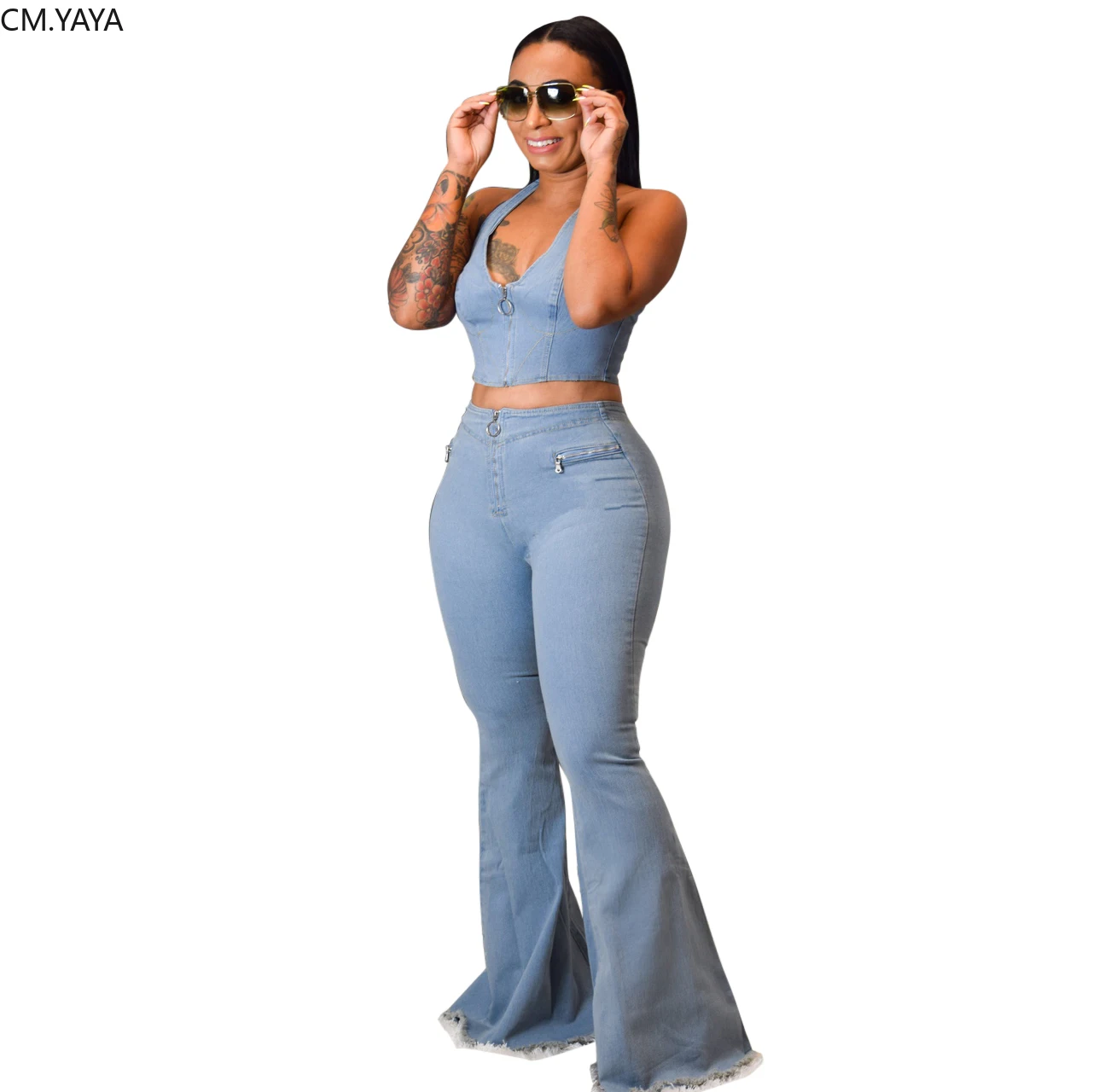 Осенний джинсовый уличная Женская одежда комплект с бретелькой на шее