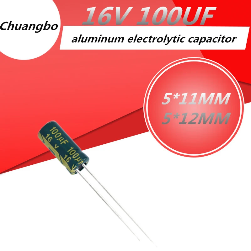 

50pcs 16V100UF 5*11 5*12MM 100UF 16V Low ESR/Impedance high frequency aluminum electrolytic capacitor size