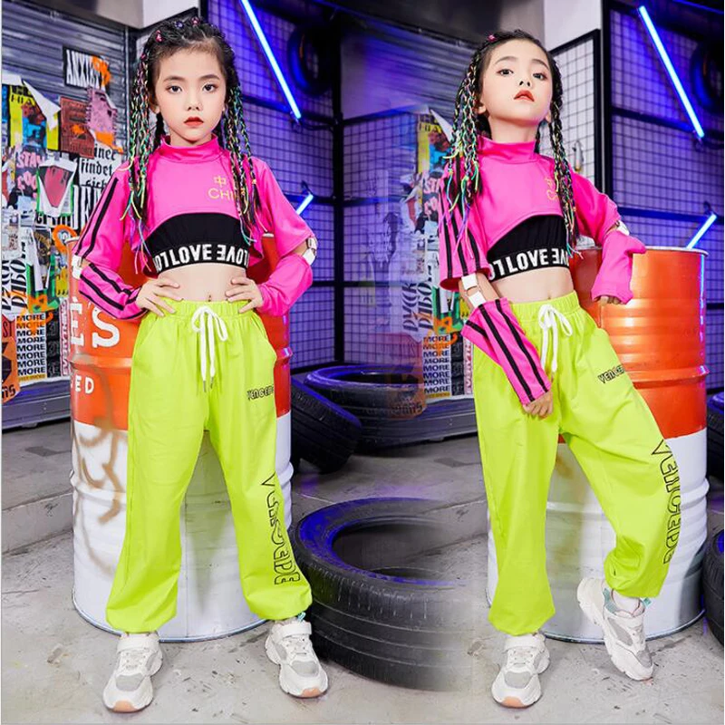 

Kids Hip Hop Street Wear Clothing Pink Crop Sweatshirt Tops pants for Girls Jazz Dance Costume Rave Clothes Stage Show Outfits