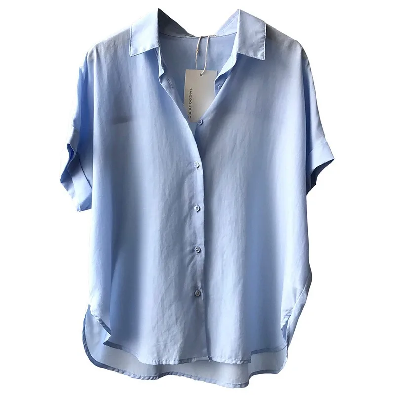 

ZCSMLL Tencel Linen Short-Sleeved Shirt Women's 2021 Autumn New Korean Style Solid Color Top Lapel Shirt Women's Blouse