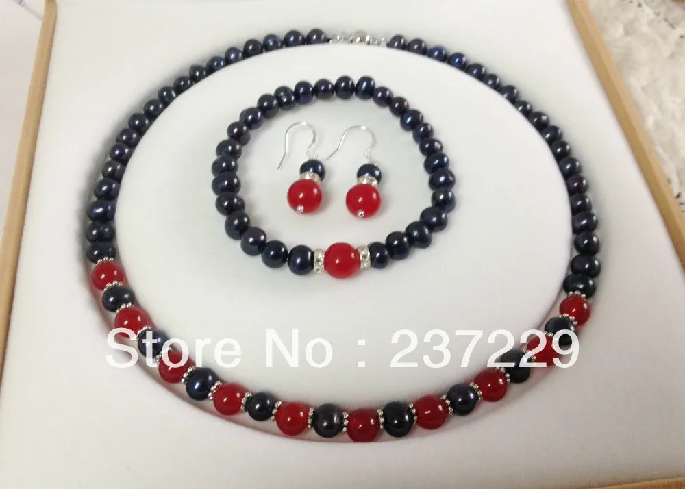 Оптовая цена Бесплатная a7-8mm черный жемчуг красный нефрит ожерелье браслет