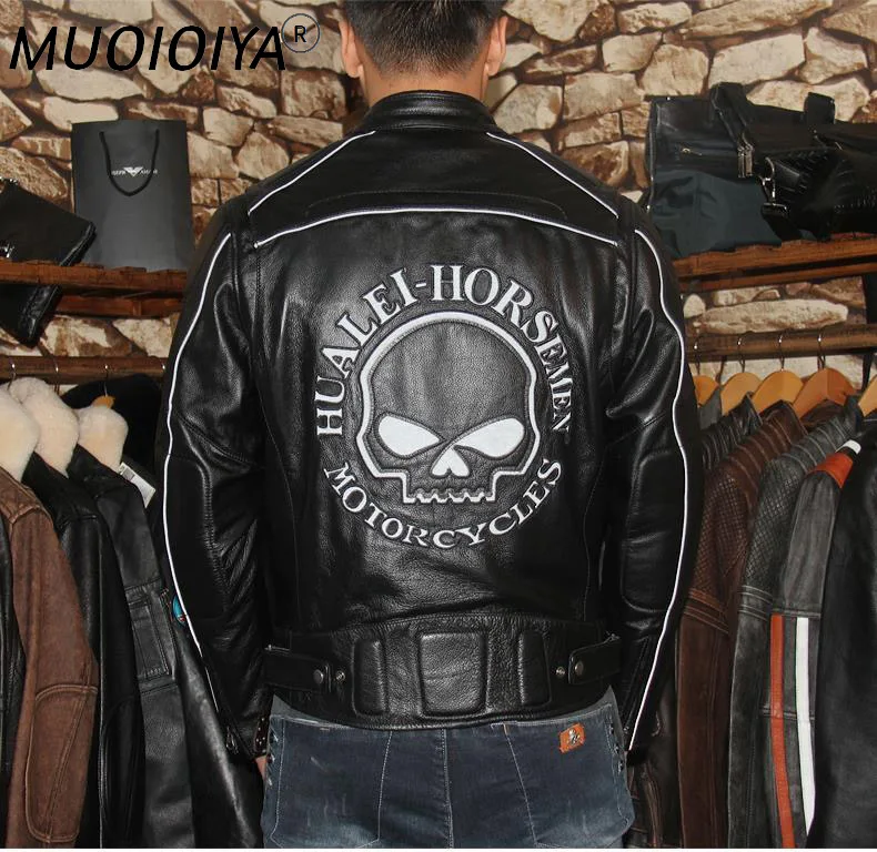 

Мужская байкерская куртка из воловьей кожи, мотоциклетная куртка из натуральной воловьей кожи с подсветкой сзади и черепом, русские зимние ...