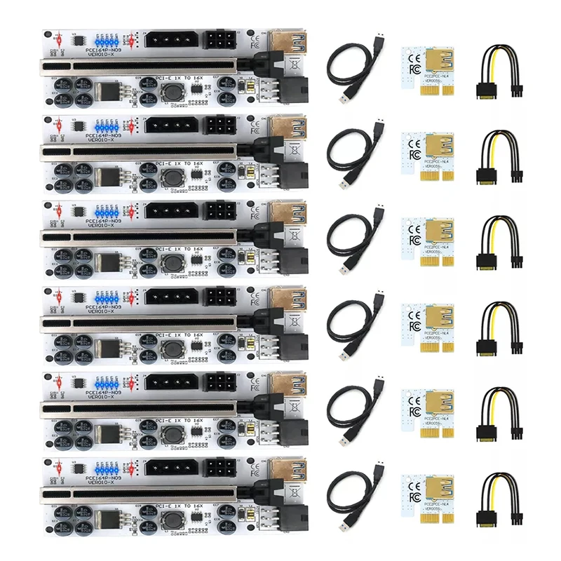 6PCS VER010X USB 3.0 PCI-E VER 010 Express 1X 4x 8x 16x Extender PCIE Riser Adapter Card SATA 15PIN to 6 PIN Power