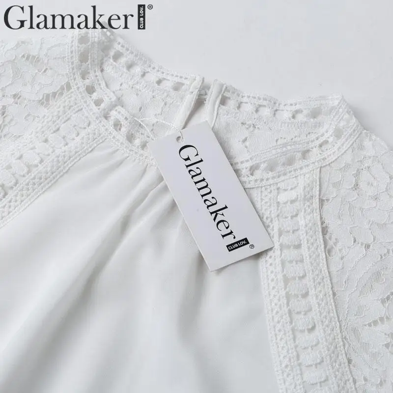 Glamaker Chiffon white hollow out short dress Elegant high waist lace patchwork mini Lady spring sexy holiday casual vesti | Женская