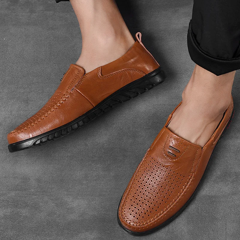 

Men Casual Hollow Out Breathable Leather Sandal Oversize Soft Rubber Sole Slip on Liesure Shoes 2018 Summer