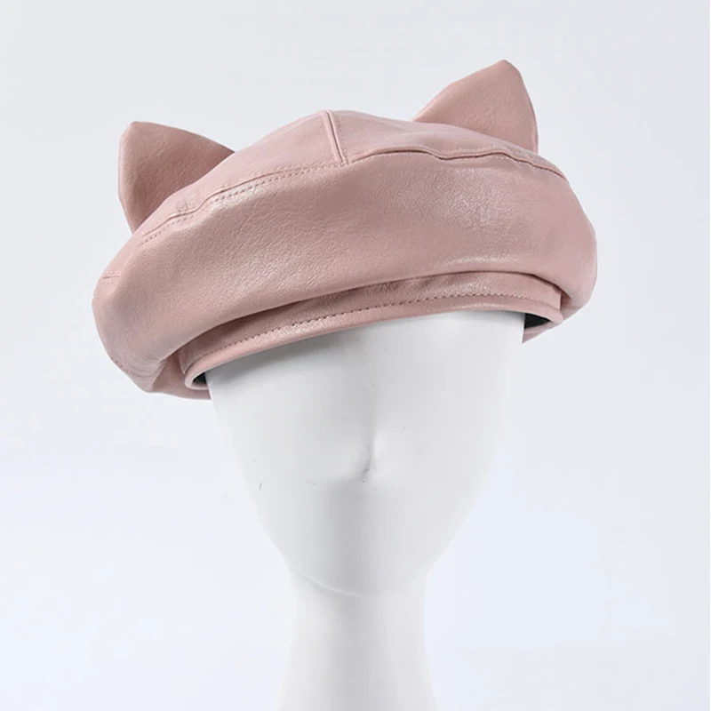 Новинка 2020 Модный берет с ушками из искусственной кожи женские береты