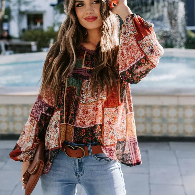 

Vintage Blouse Shirts Women Floral Print Long Sleeve Blouse and Shirt Women Lantern Sleeve Womens Tops and Blouses Spring 2020
