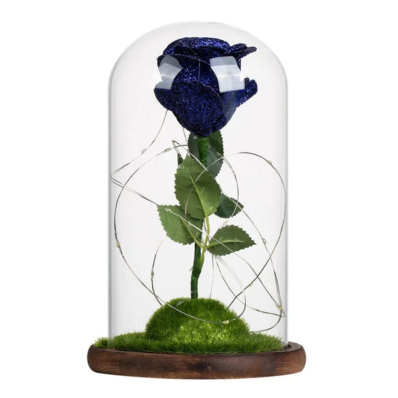 

LED Light String in Glass Dome On Wood Base Valentine's Day Glittery Artificial Silk Rose Flower Best Gift for Wedding NEW!
