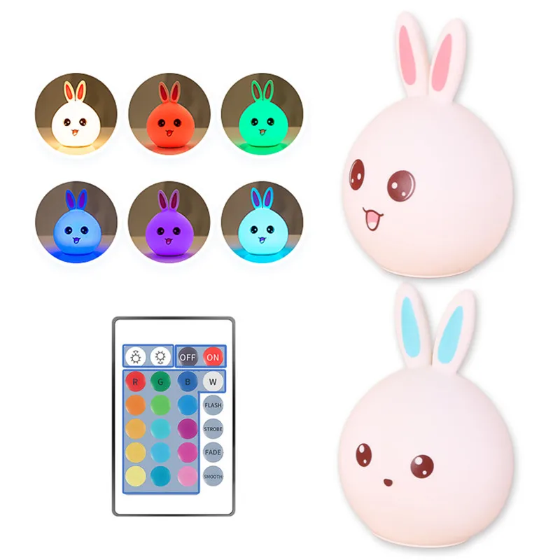 Dozzlor Cartoon Rabbit LED Night Light Remote Touch Sensor Colorful USB Silicone Bunny Bedside Lamp For Children Kids Baby | Лампы и
