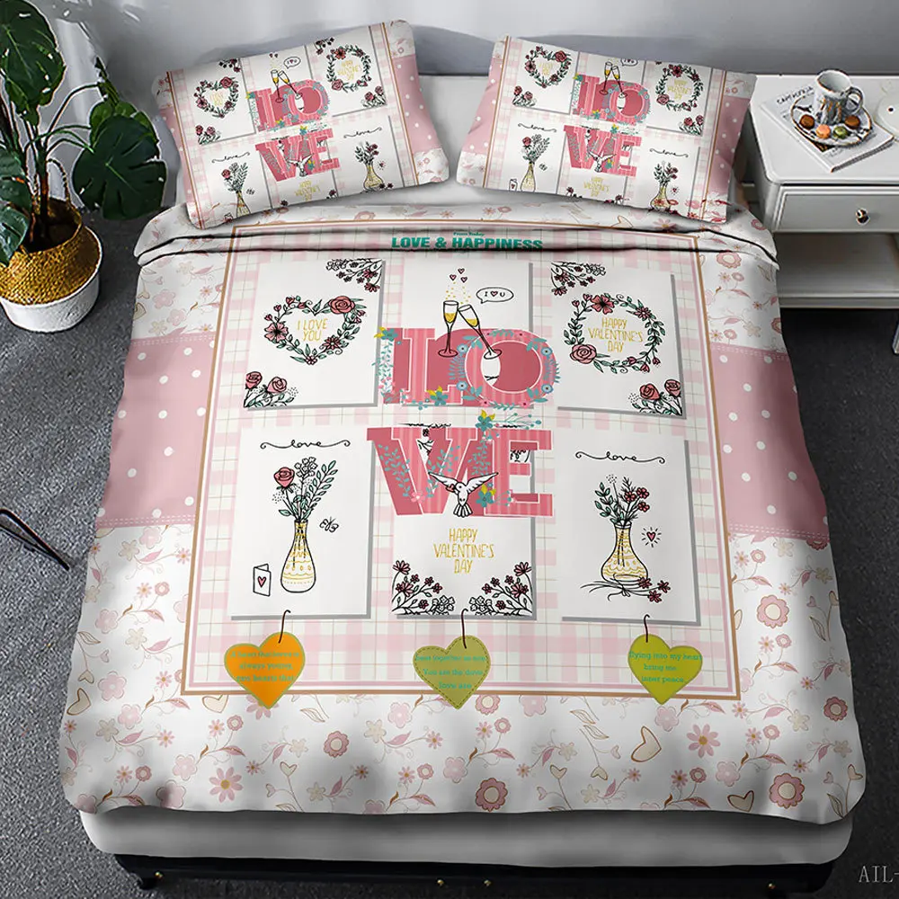 

Happy Valentine's Day Bedding Set 3D Digital Printing With Pillowcase Cute Bedroom Home Decoration Adult Couple Marry