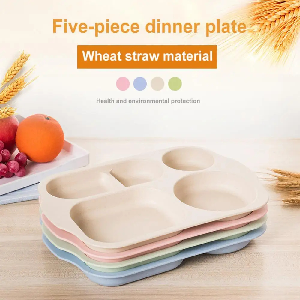 

5Pcs/Set Baby Plate Wheat Straw Tray Children Kids Fruits Feeding Pratos Spoon