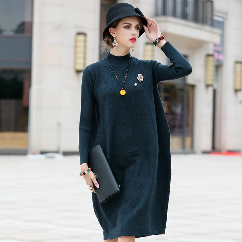 

2020 Autumn Winter Long Sweater Dress Women High Quality Knitting Appliques Flower Deco Long Sleeve Casual Warm Pullover Dress