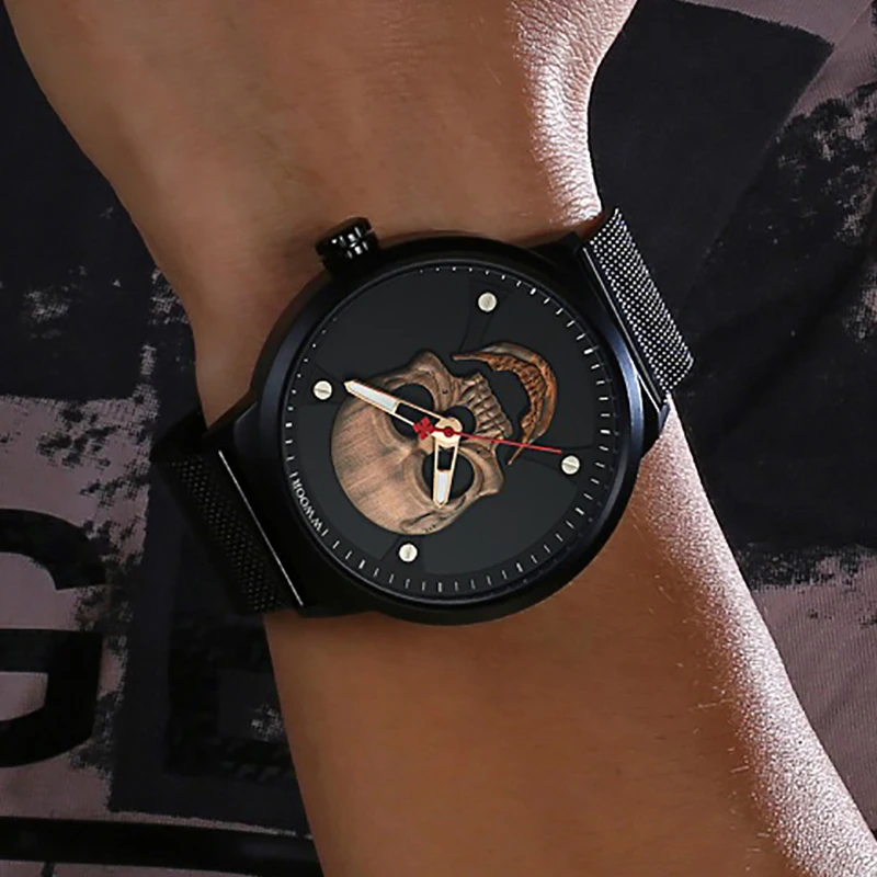 2021 WWOOR брендовые черные пояса сетки мужские часы модные спортивные крутой череп