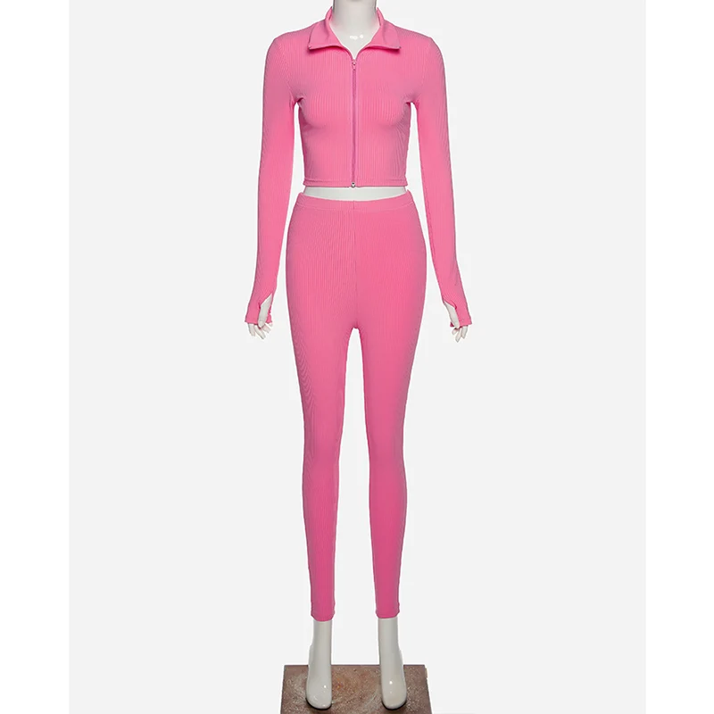

DIRTYLILY Ribbed Zipper Two Piece Set Women Casual Long Sleeve Top+Elastic Leggings Matching Sets Fitness Sportswear Outfits