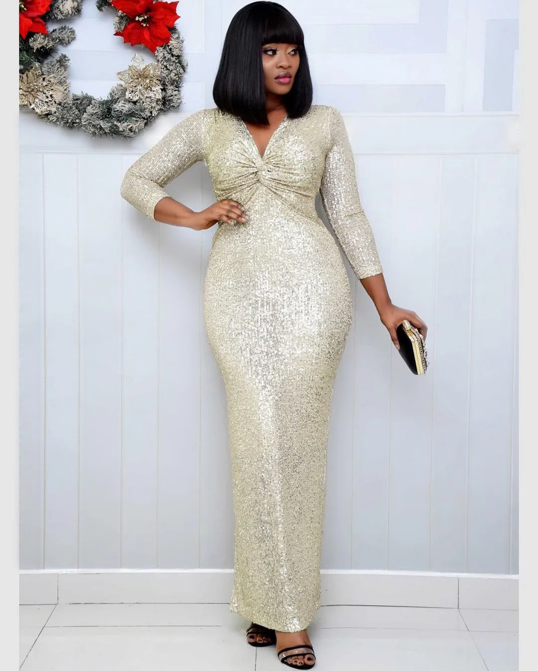 

Sexy Fashion Style African Women V-neck Sequined Long Sleeve Dress African Dresses for Women African Clothing