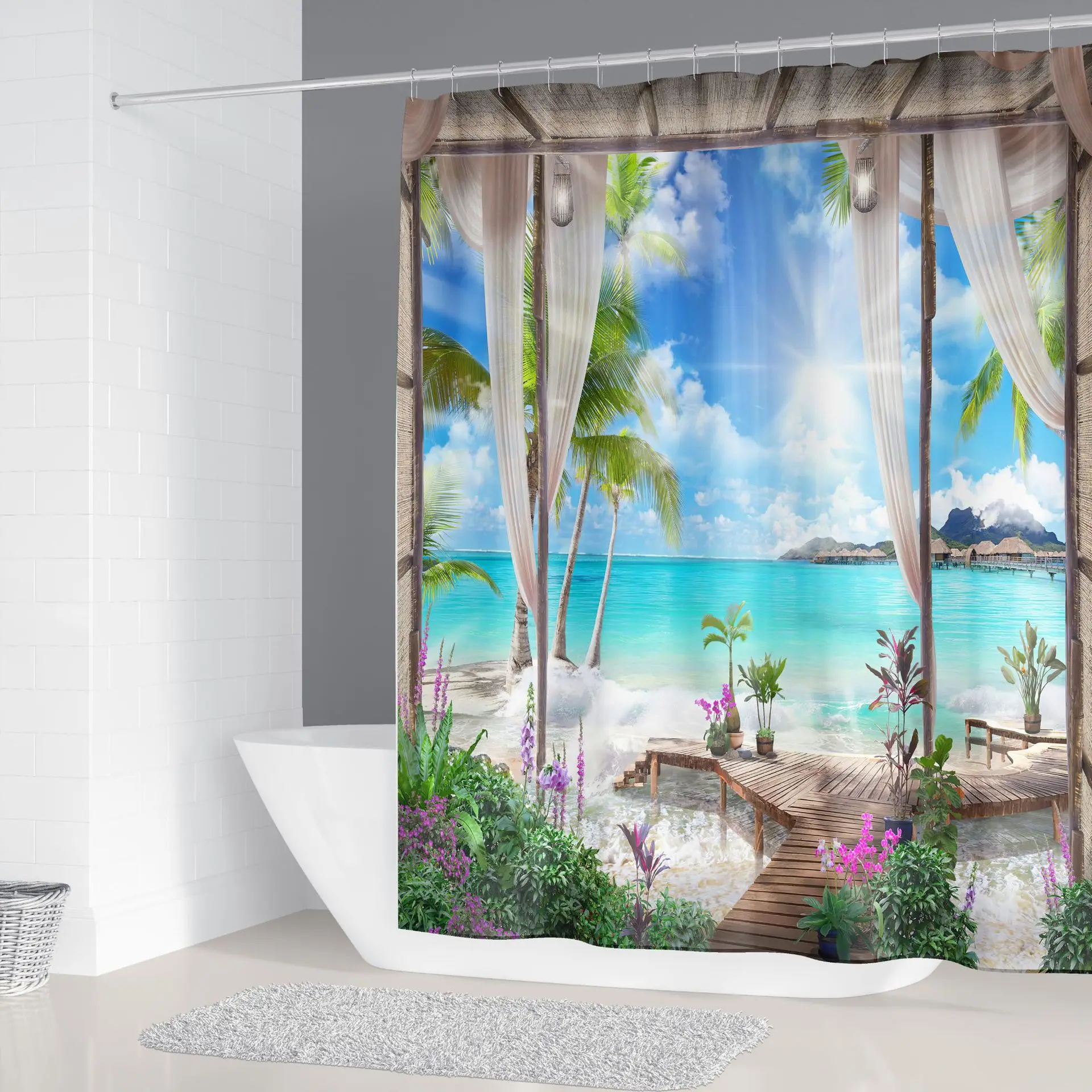 Пляжная занавеска для душа отпуска набор ковриков ванной коврики морской пейзаж