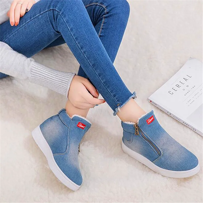 

New winter snow boots thickening women's shoes denim large size student flat cotton shoes