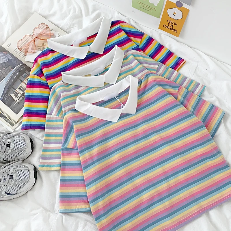 Летняя свободная короткая футболка радужного розового цвета с отложным